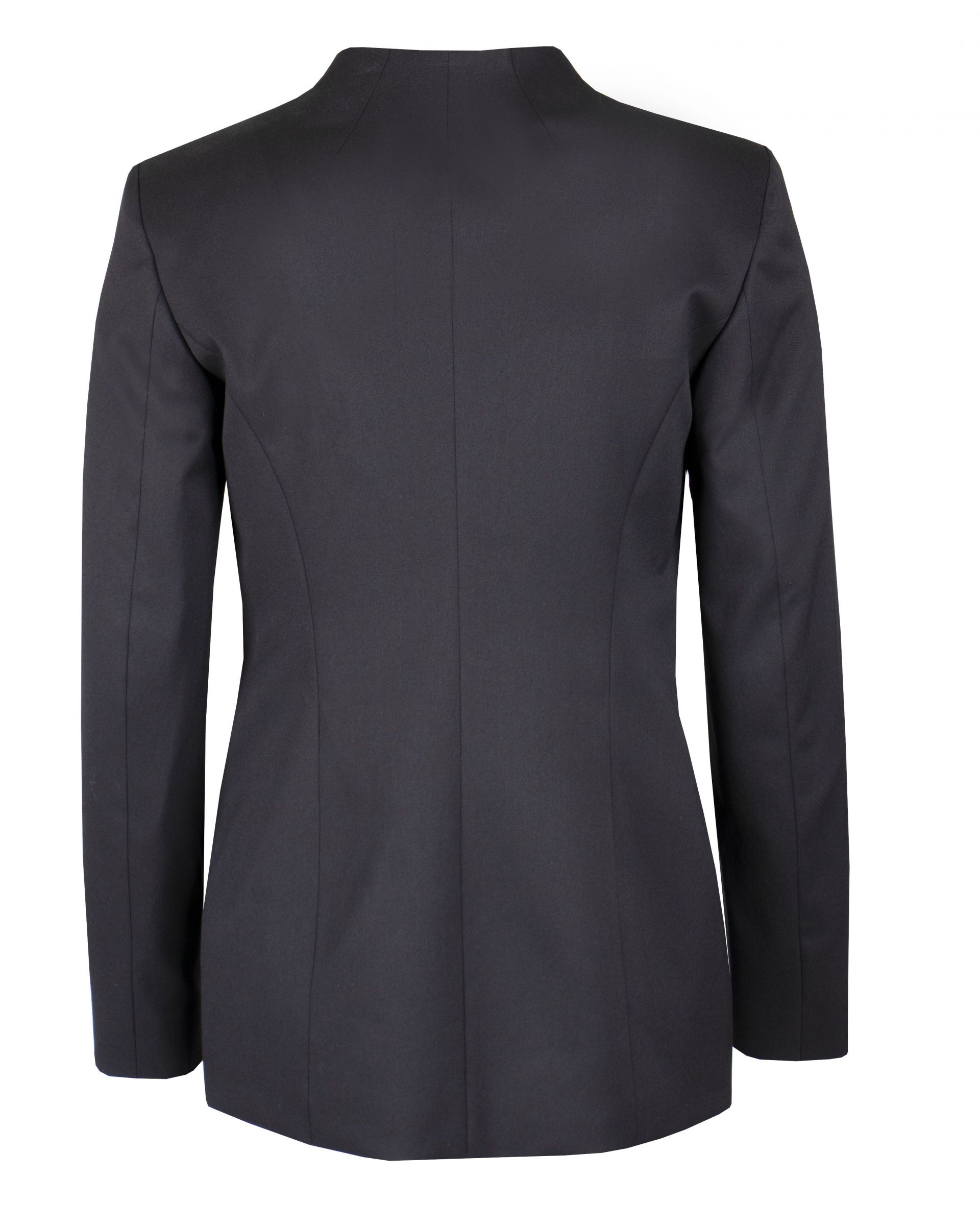 Long fitted jacket without lapels with pearl type button 1